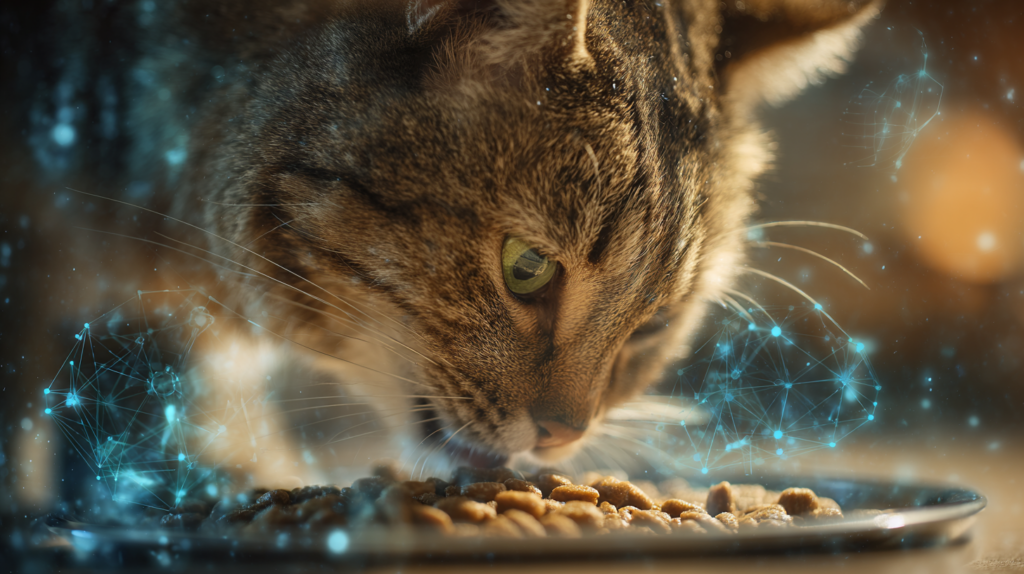 Healthy cat eating specialized hairball control food