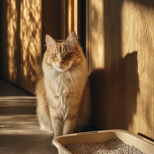 Cat sitting comfortably next to clean litter box