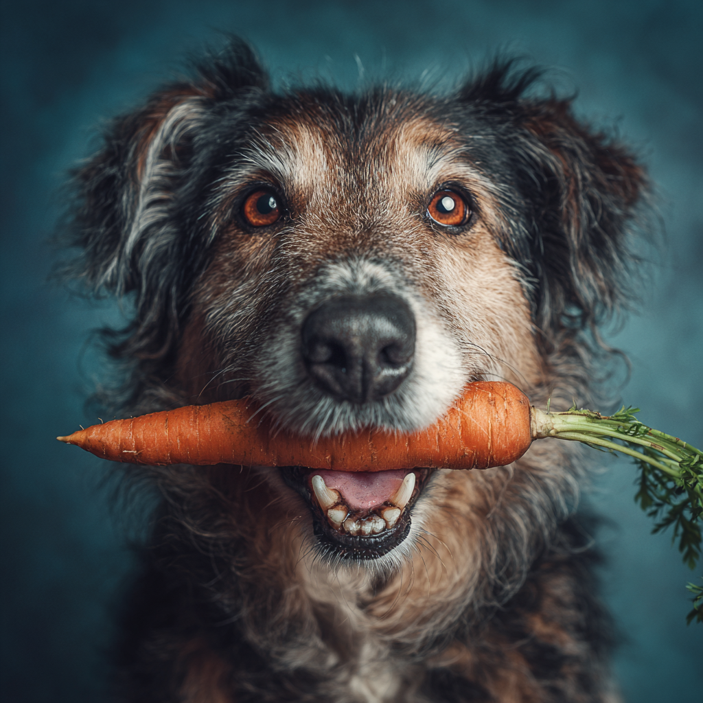 Dog eating carrot slice showing safe healthy treat