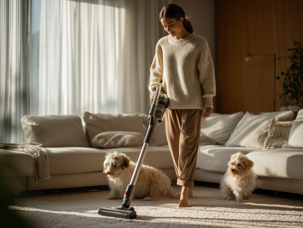 Pet owner vacuuming carpet for flea elimination