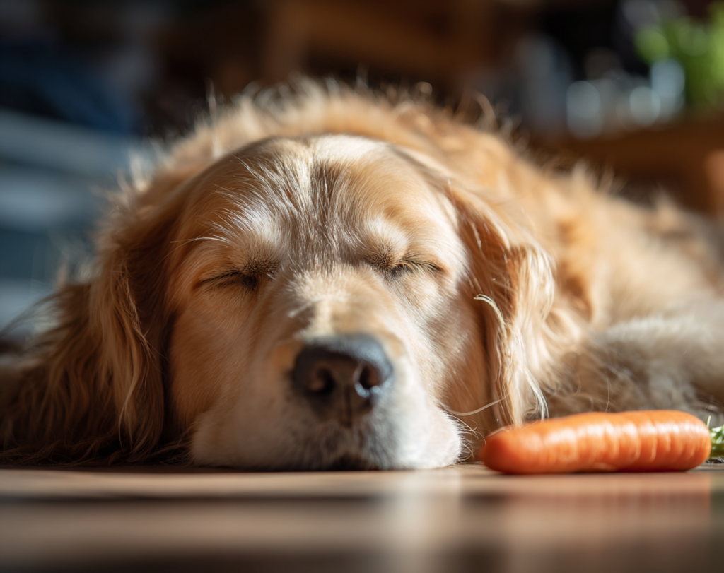 Dog eating carrot slice showing safe healthy treat