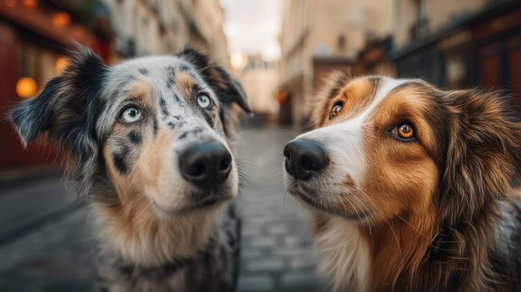 Two dogs meeting calmly on neutral territory with supervision