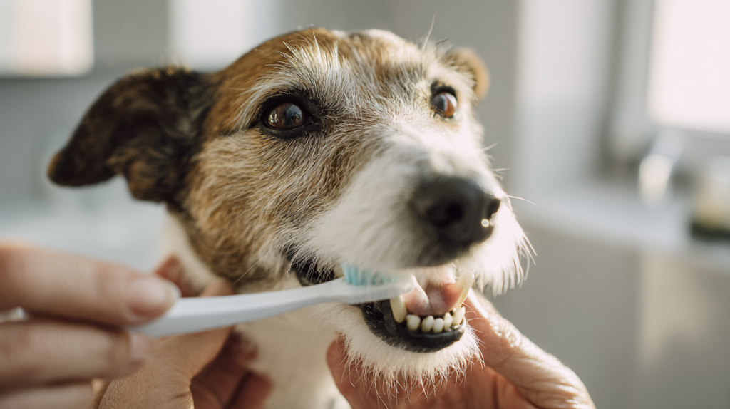 Owner brushing dog's teeth demonstrating proper dental care