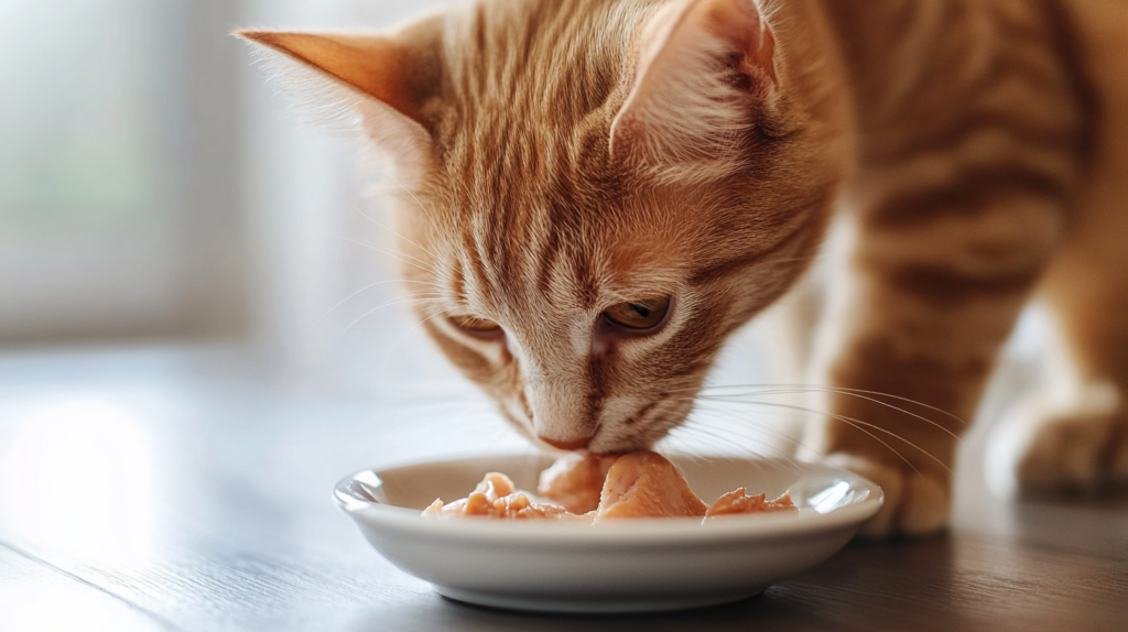 Cat eating plain cooked chicken showing safe feeding