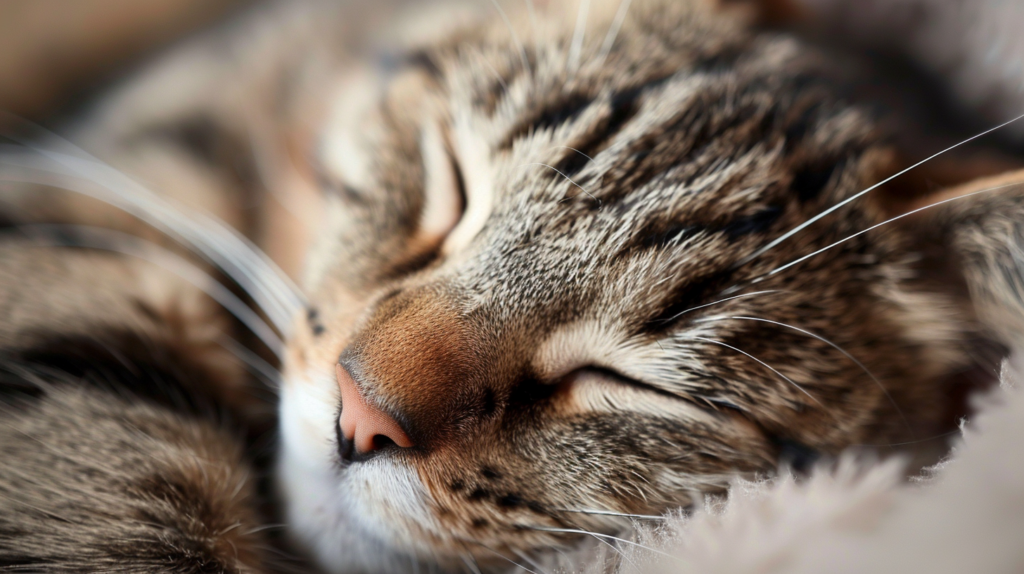 Close-up of relaxed cat face showing peaceful purring expression