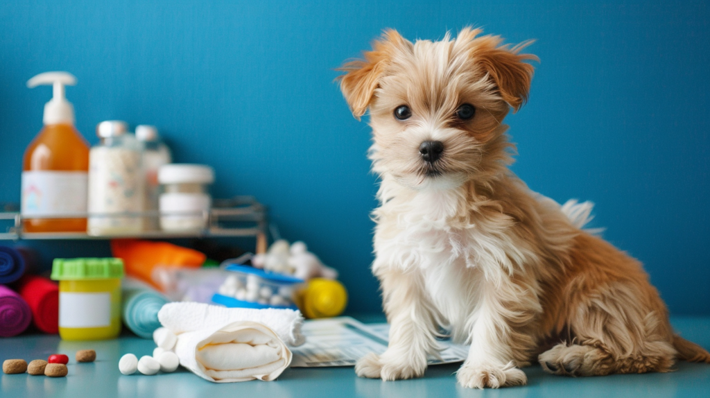 Puppy sitting next to pile of pet supplies and vet bills showing ownership costs