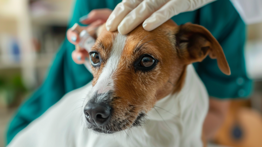 Veterinarian applying flea treatment to dog