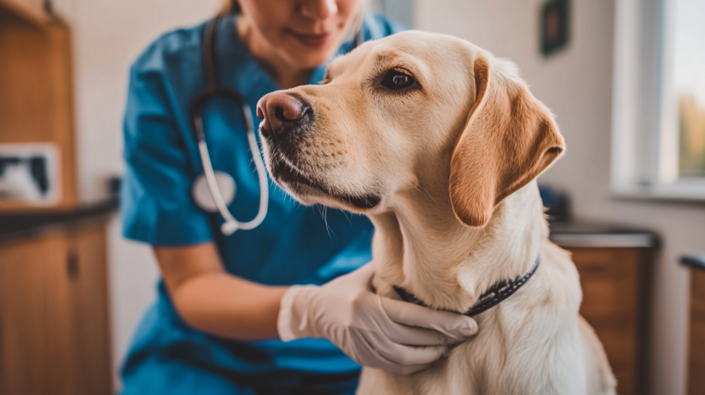 Veterinarian applying flea treatment to dog