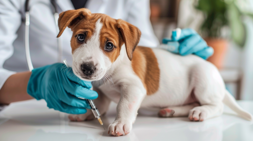 Veterinarian administering vaccine to young puppy