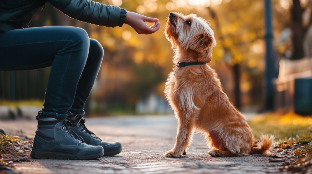 Owner teaching dog "enough" command to stop licking