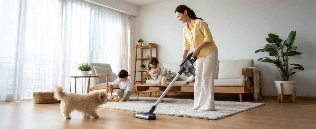 Pet owner vacuuming carpet for flea elimination