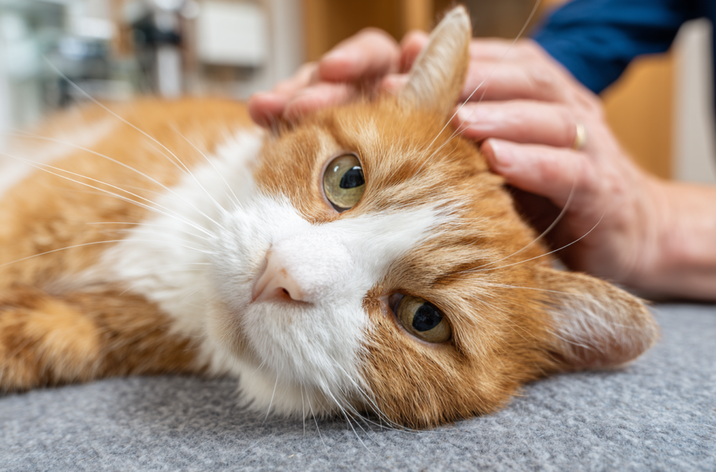 Veterinarian gently examining sleepy lethargic cat on exam table