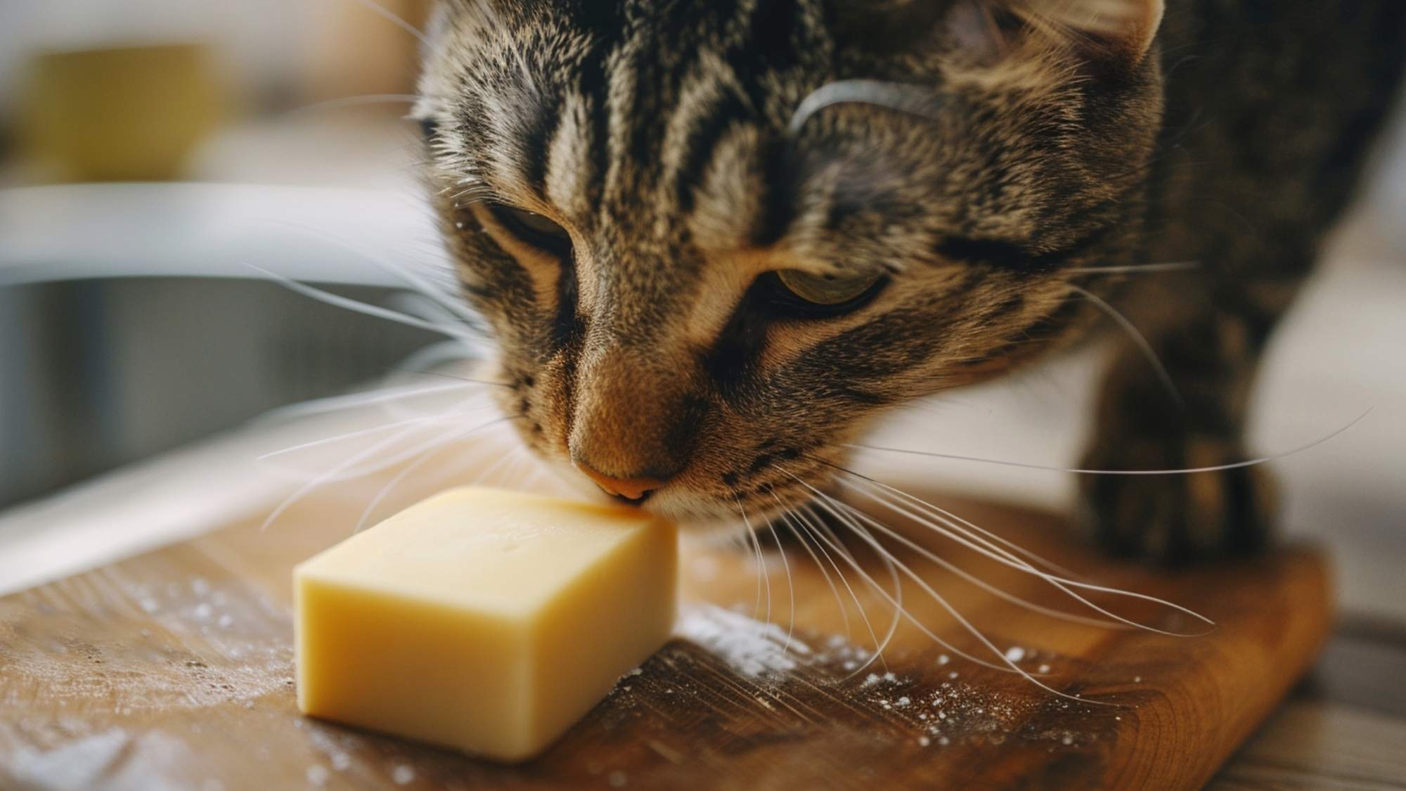 Curious cat sniffing a small piece of cheese on a wooden board, closeup of whiskers and interested expression, bright kitchen setting, cat nutrition guide concept, professional pet food photography, clean and informative aesthetic