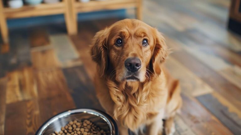 How much to feed a puppy - puppy beside food bowl