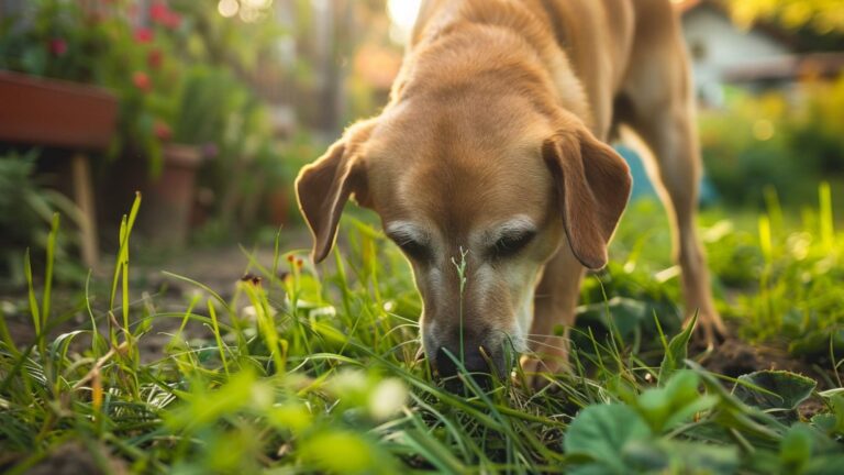 Dog sniffing and eating fresh green grass in a sunny garden, curious and healthy expression, natural outdoor lighting, pet behavior guide concept, professional dog photography, warm and educational aesthetic,