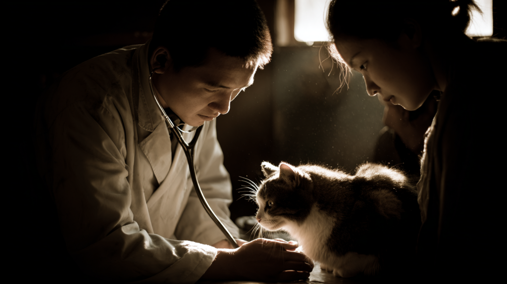 Veterinarian gently examining sleepy lethargic cat on exam table