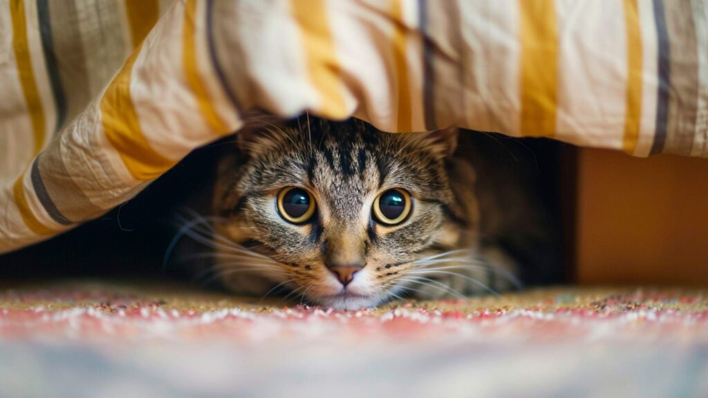 cat hiding under bed showing pain and withdrawal behavior in cats