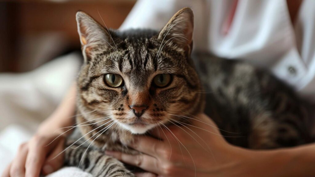 owner gently examining cat at home checking for pain signs
