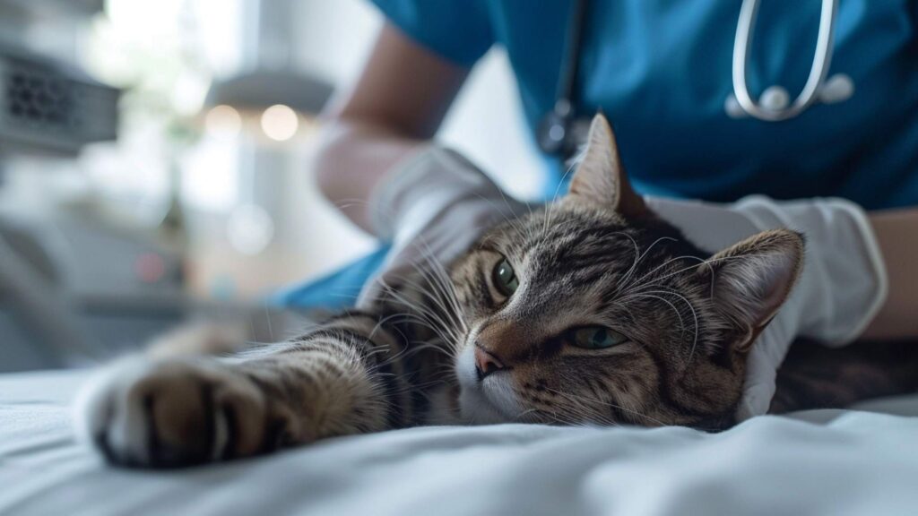 veterinarian examining cat for pain diagnosis and treatment