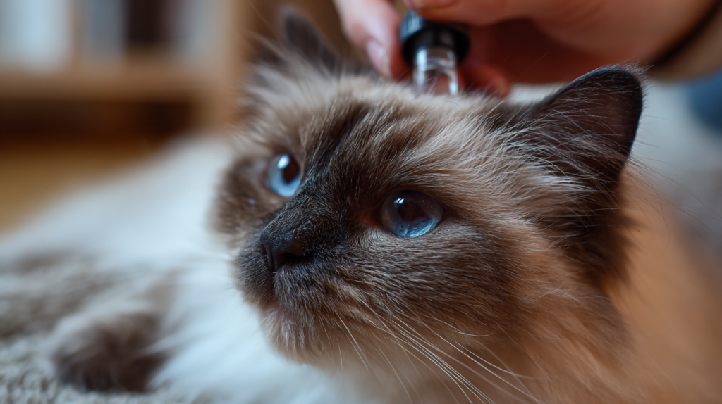 Owner properly administering eye drops to cat