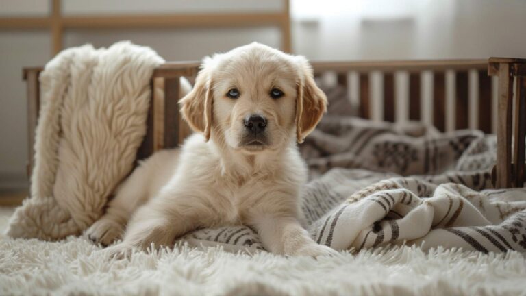 New puppy first week at home - golden retriever puppy beside crate
