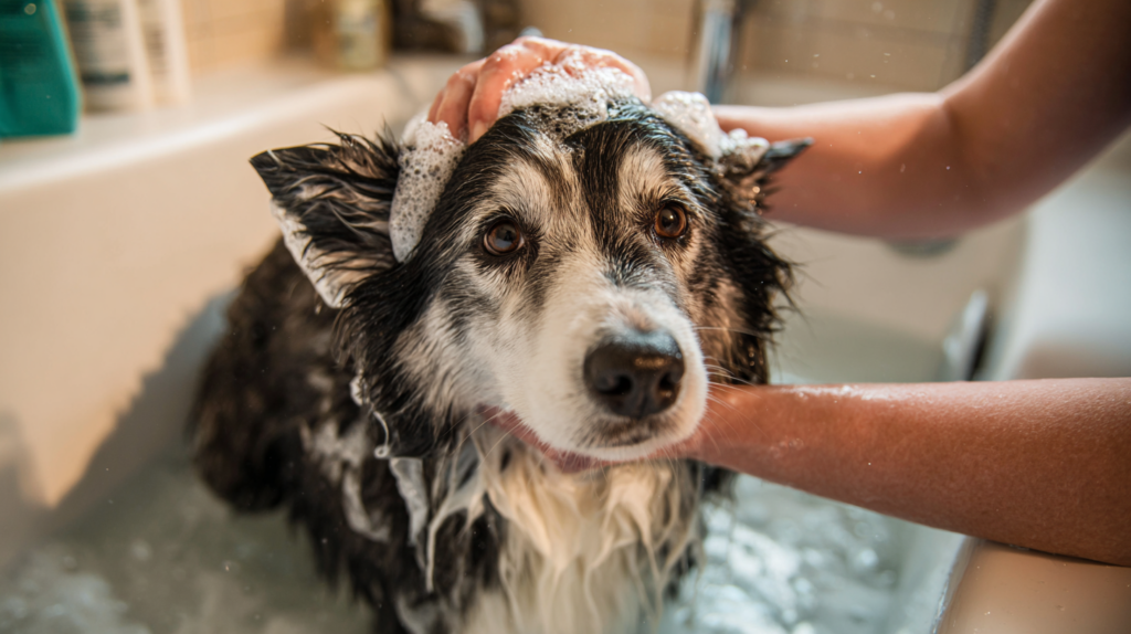 Happy dog being bathed in tub with owner showing proper technique
