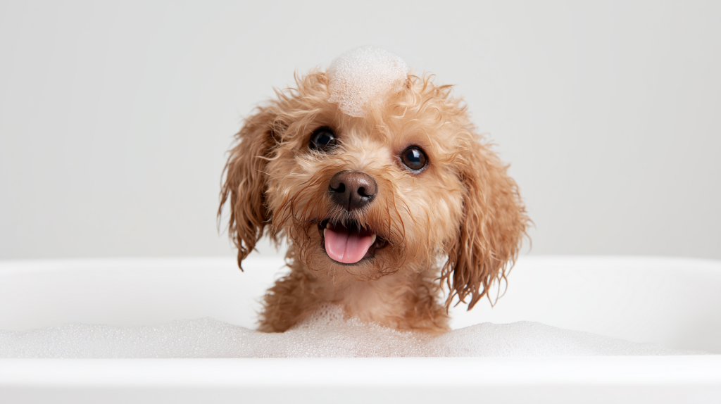 Happy dog being bathed in tub with owner showing proper technique