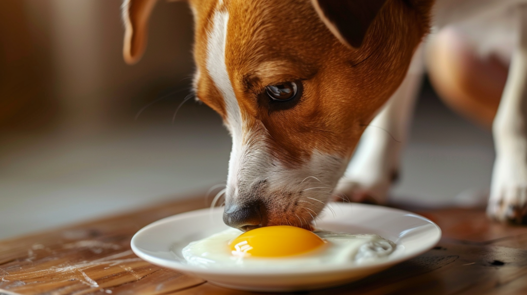 Dog eating plain cooked egg as healthy treat