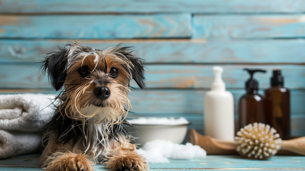 Dog shampoo products and grooming supplies laid out before bath time
