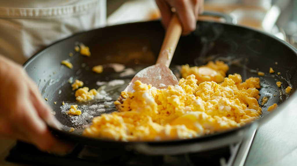 Owner preparing plain scrambled eggs for dog without salt or seasoning
