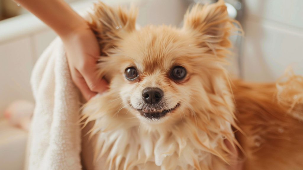 Owner towel drying fluffy dog after successful bath