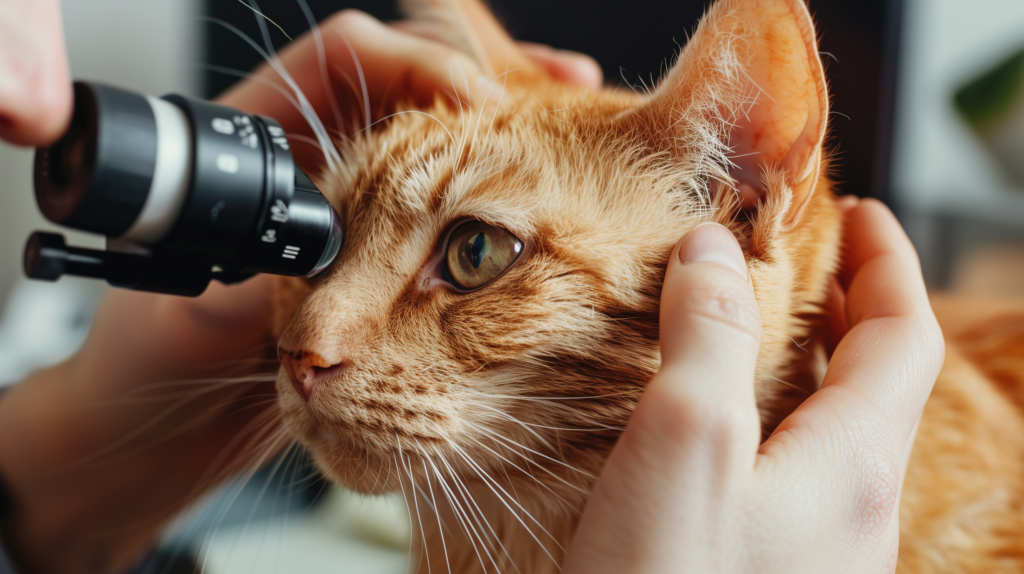 Veterinarian examining cat's eye with specialized equipment