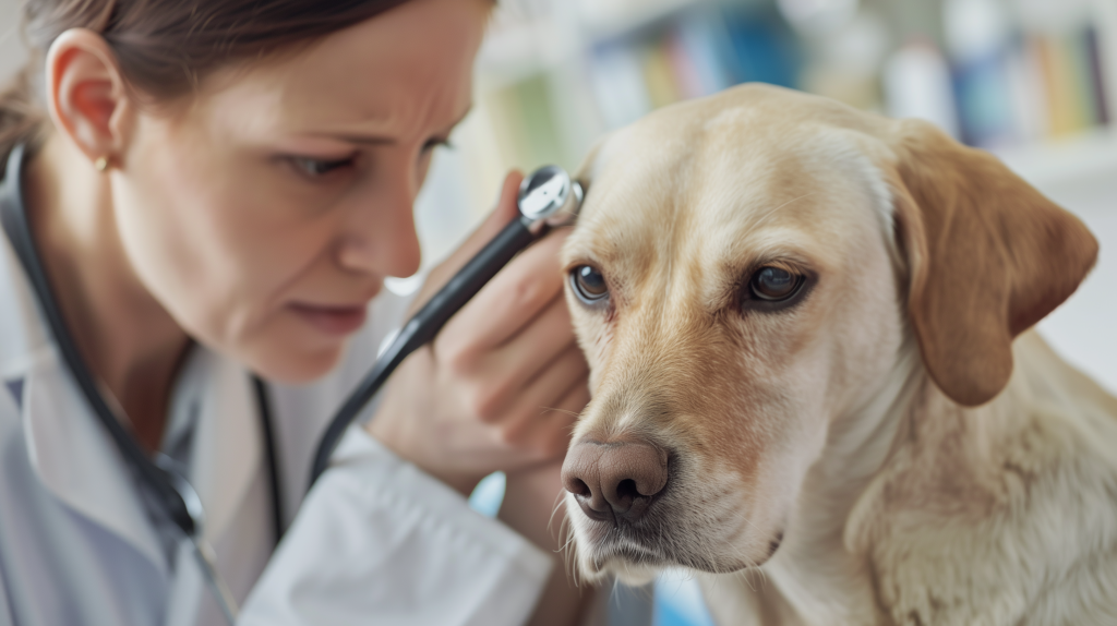 Veterinarian examining dog's ear with otoscope
