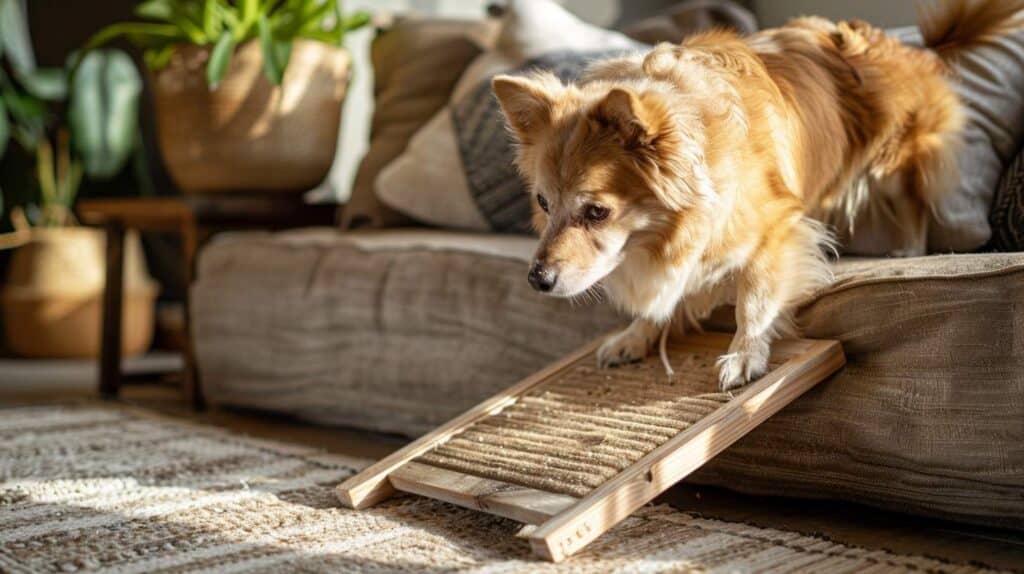 senior dog home modifications - dog using ramp to avoid jumping