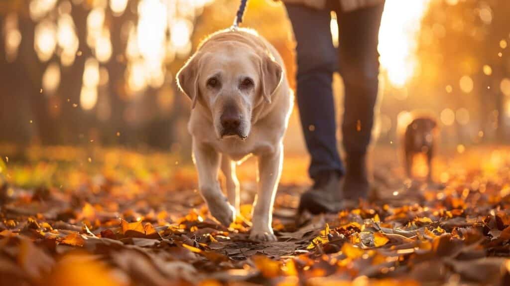 senior dog exercise - older labrador walking gently on leash in park