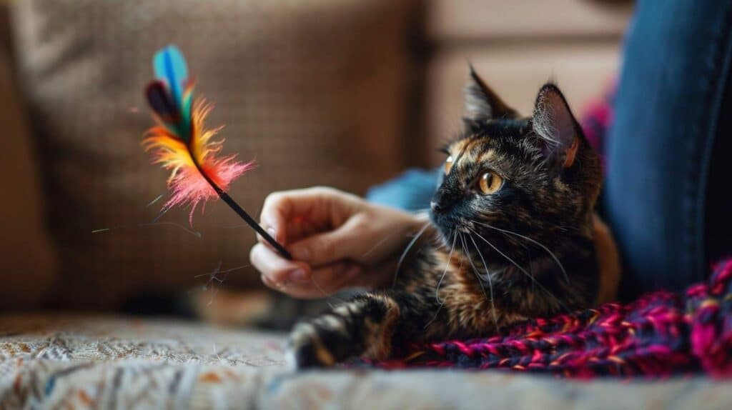 helping anxious cat with play - owner playing with cat using wand toy