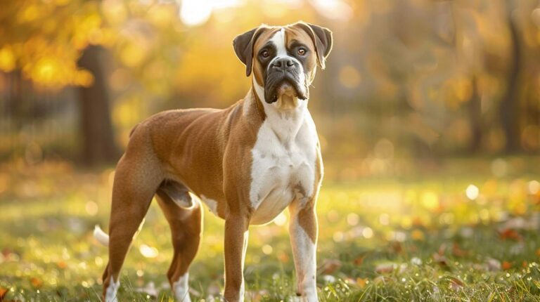 boxer breed guide fawn white boxer portrait athletic pose park golden light