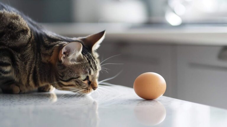 Can cats eat eggs - tabby cat sniffing boiled egg