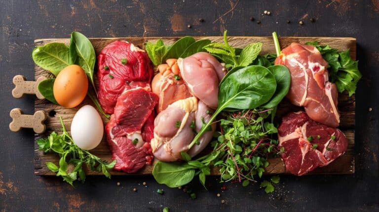 dog food diet - fresh ingredients on wooden board
