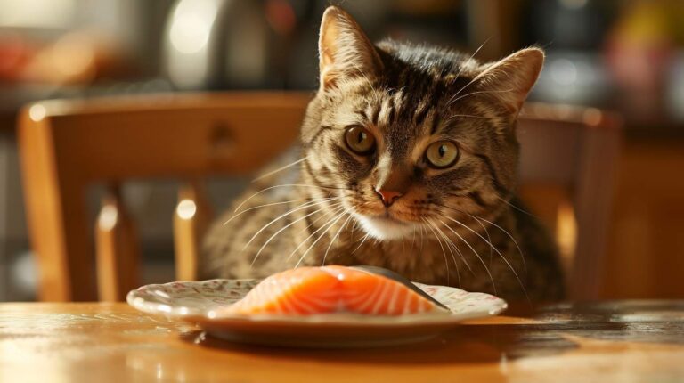 Can cats eat salmon - tabby cat beside cooked salmon piece