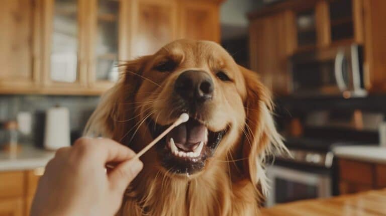 dog DNA test - owner swabbing dog's cheek for DNA sample