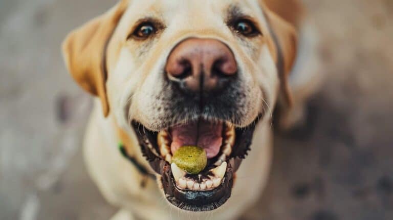 dog dental chews - Labrador chewing green dental treat