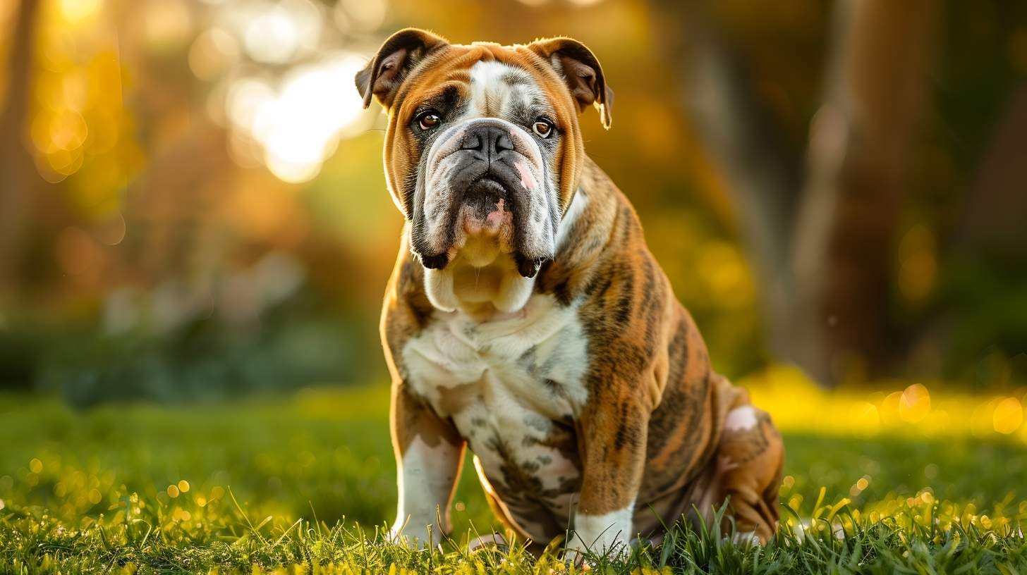 English Bulldog breed guide - adult brindle English Bulldog portrait
