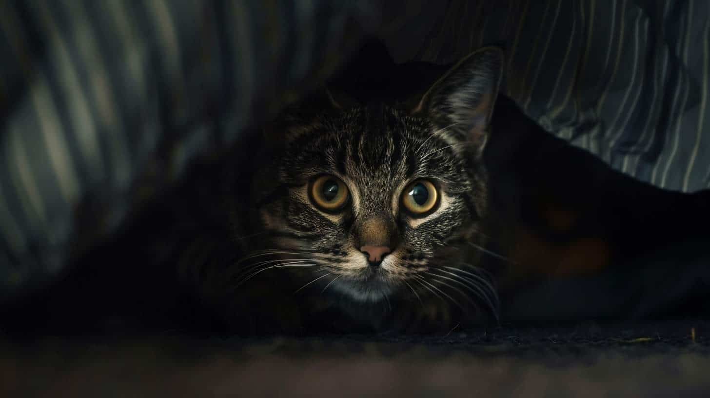 cat anxiety signs - anxious cat hiding under bed
