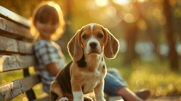 beagle puppy socialization guide sitting calmly with child in park