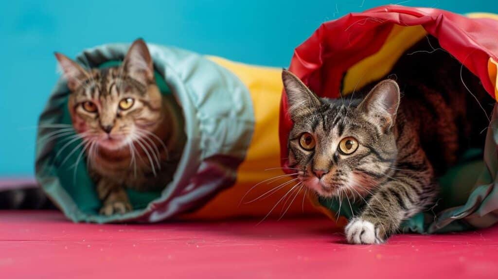 cat tunnel toy - two cats playing with collapsible tunnel