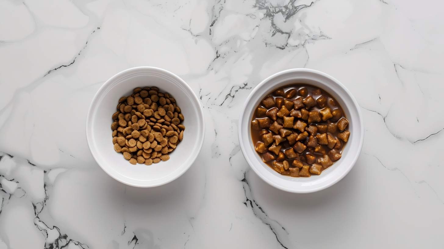 Wet vs dry cat food comparison - both types in bowls