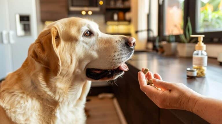 dog probiotics - owner giving probiotic supplement to labrador retriever