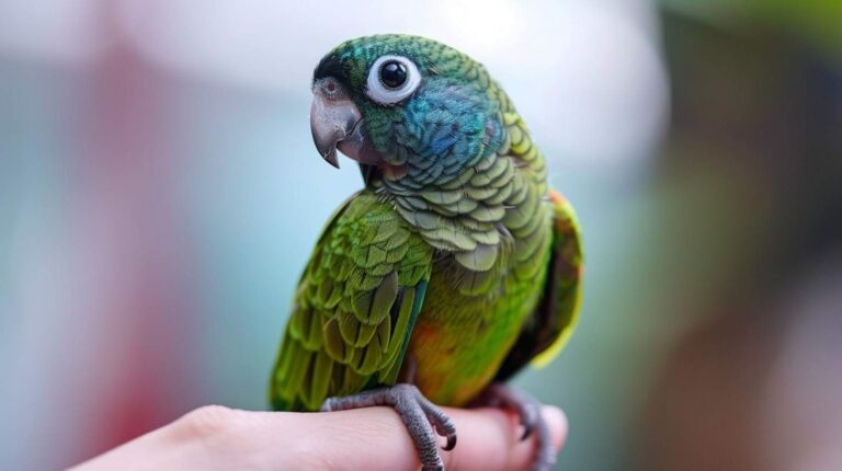 green cheeked conure care beginners perched on finger alert curious pet bird