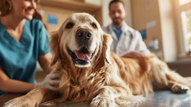 pet insurance - dog at veterinary examination with owner